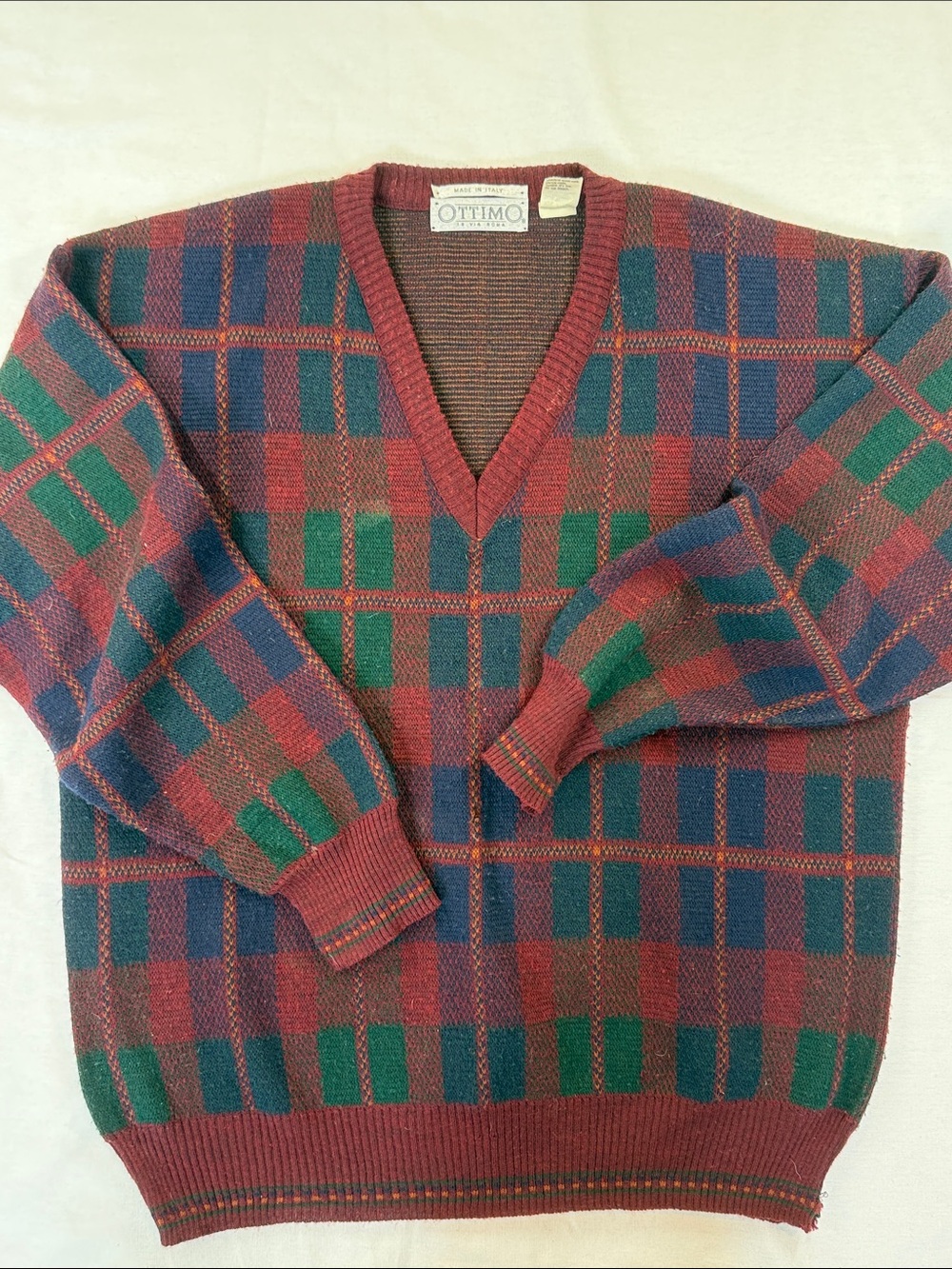 Vintage 90s Ottimo 18 Via Roma V-Neck Plaid Knit Wool Sweater Burgundy L
